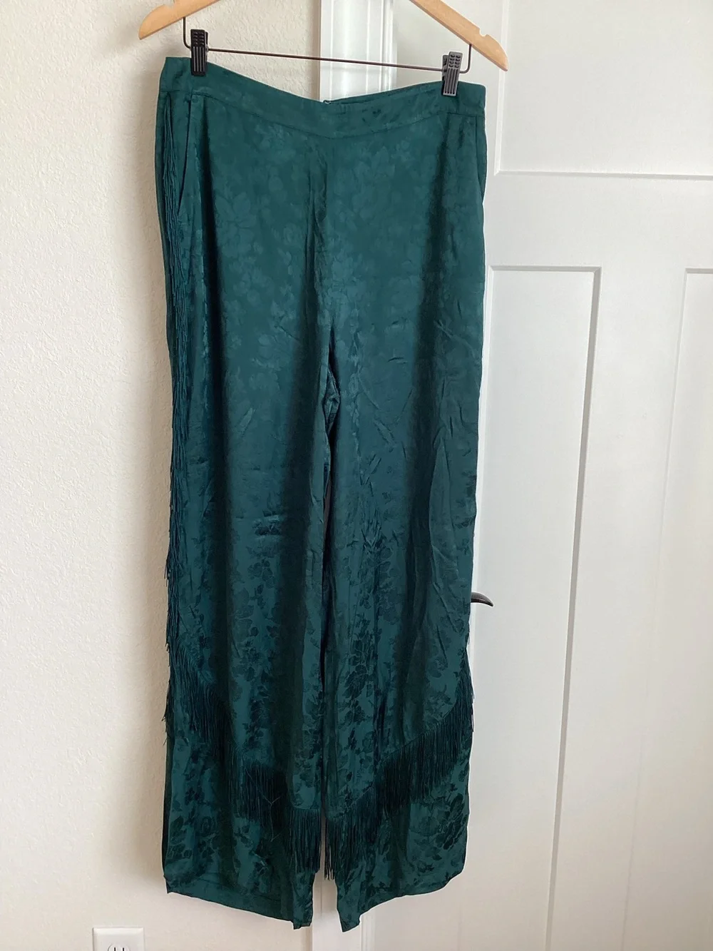 Anthropologie Patterned Fringe Trouser Pants New 12 Dark Green Teal Jacquard - Picture 5 of 16